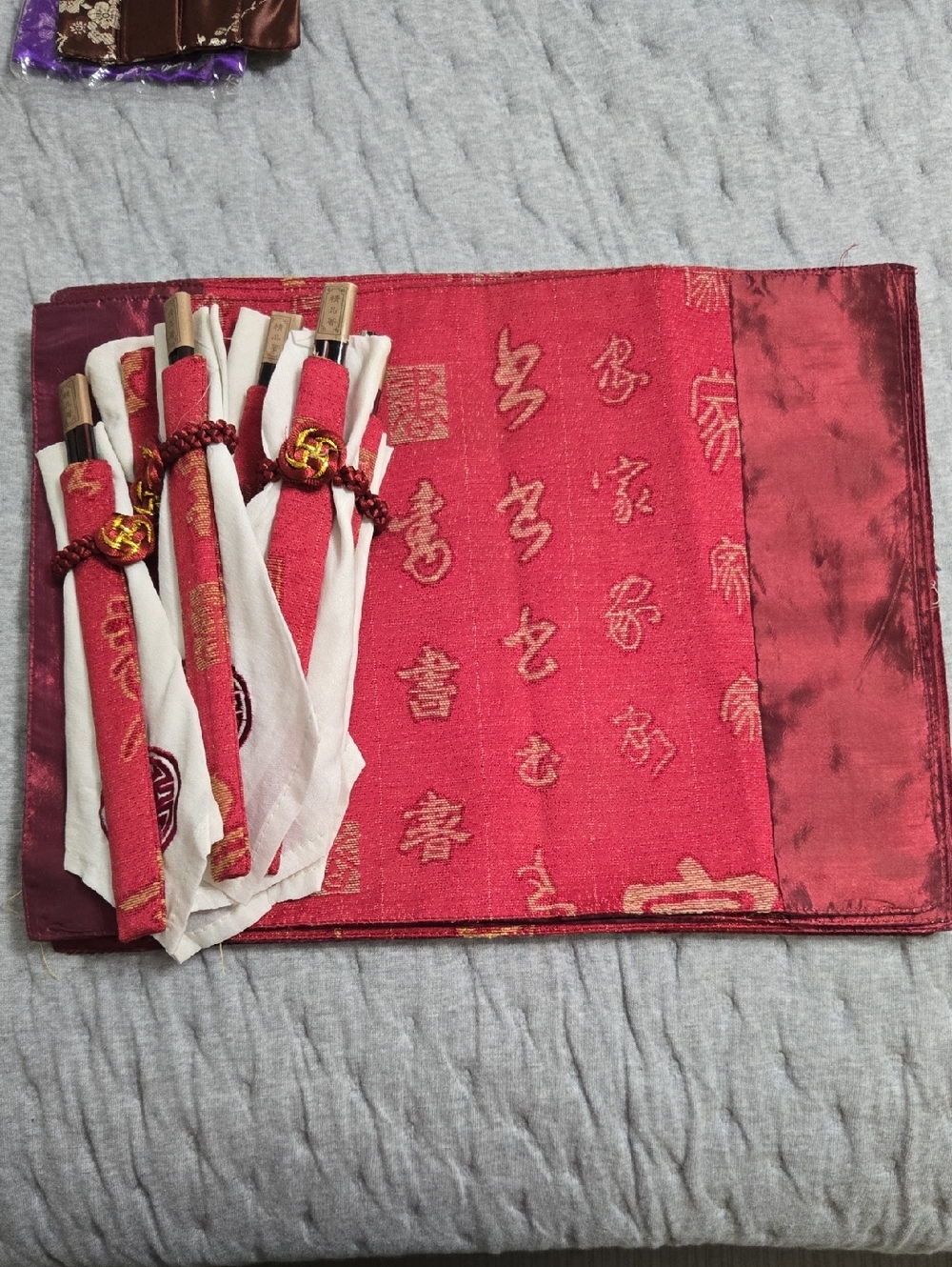 Set Of 6 Red Chinese Brocade Placemats with Matching Chopstick Wraps